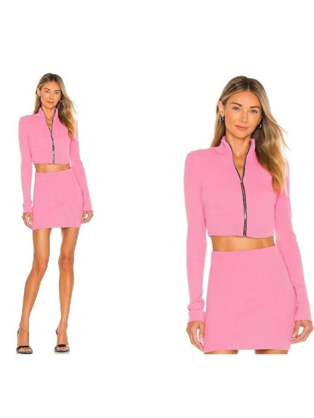 Cotton Citizen Ibiza Ribbed Mini Skirt And Top Long Sleeve Set Pink Size M/L